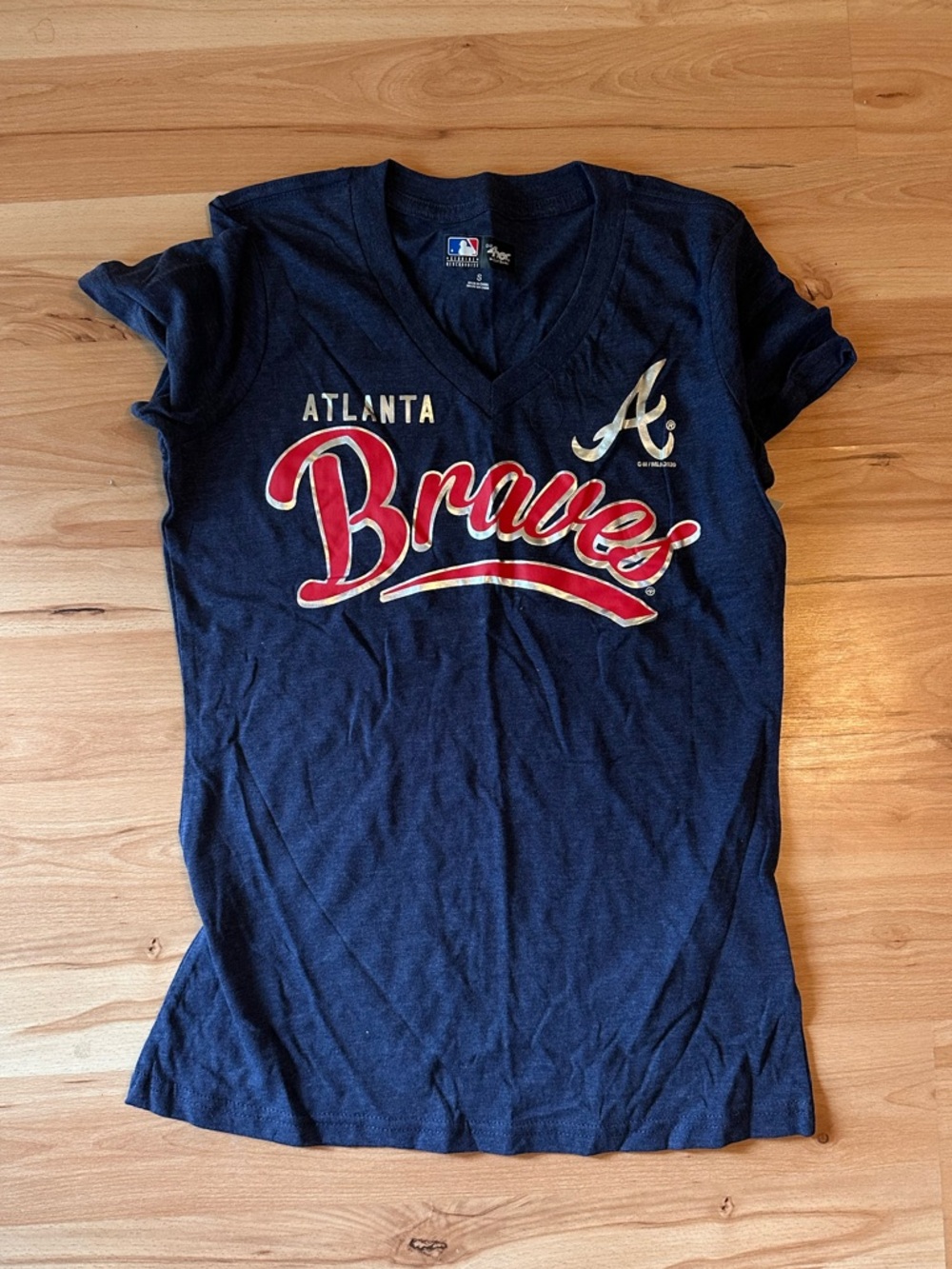 MLB Atlanta Braves Navy Blue Short Sleeve V-Neck Tee with Red & White Logo